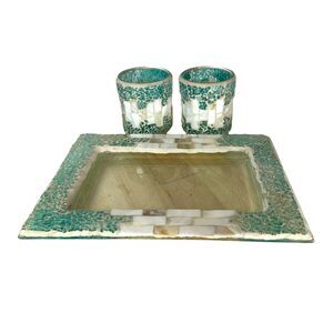 Beachy Coastal Mosaic Glass Seashell Shell Tray Cups Bathroom Vanity Decor